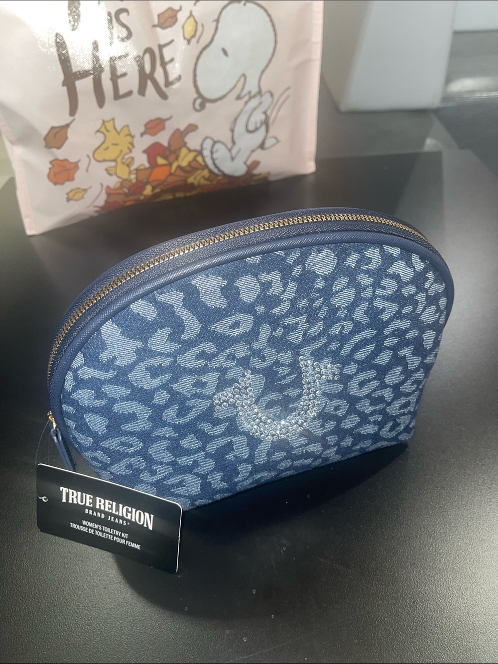 True Religion Women's Blue Leopard Print Cosmetic Pouch